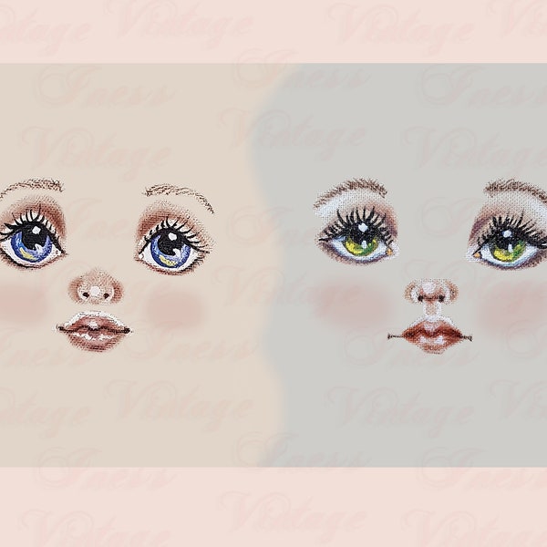 Beautiful doll faces, blue/green eyes, lips, nose, watercolor and acrylic paints abstract portrait, hand painted elements, clipart, download