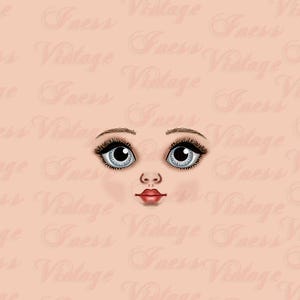 Doll face print, beautiful doll face, clipart, blue eyes, lips, nose, digital abstract portrait, download, on a transparent background