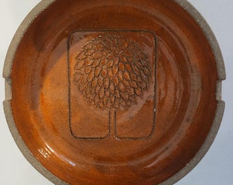 Vintage MCM Stoneware Orange Ceramic Round Ashtray Art Pottery Tree Design 6.5"