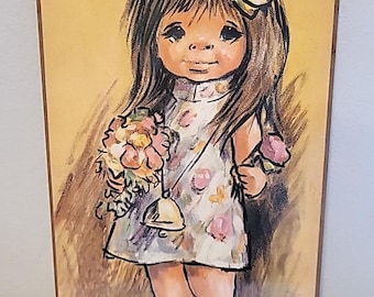 Vintage 60s Big Eye Art Print on board Barry Leighton Jones "Street Urchin" Brown Eyed Girl Light Pastel Whimsical