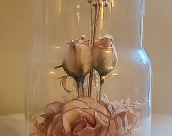 Vintage 1970s Creco Cloth Pink Roses Under Cloche Dome Home Decor Wood Base 9.5"