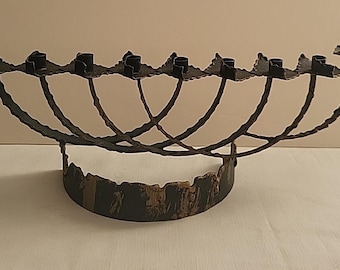 Vintage Brutalist Black Metal Iron Handmade Menorah gold drip paint Israel 13 in