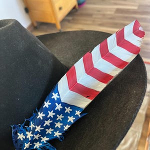 Può includere: Una piuma rosso, bianco e blu dipinta con il design della bandiera americana. La piuma è sopra un cappello da cowboy nero.