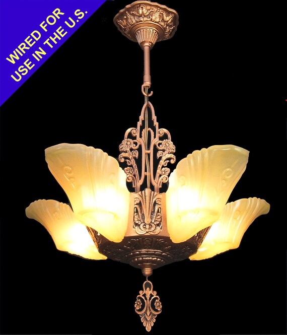 Art Deco Chandelier Antique Original Pale Lemon Color Frosted Etsy image 0 - Art Deco Chandelier Antique Original Pale Lemon Color Frosted Etsy
