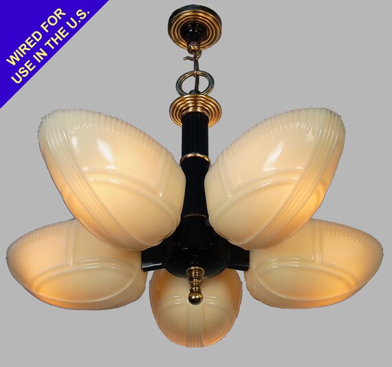 Antique Art Deco Chandelier Vintage Slip Shade 5 Light Antique Art Deco Chandelier Vintage Slip Shade 5 Light