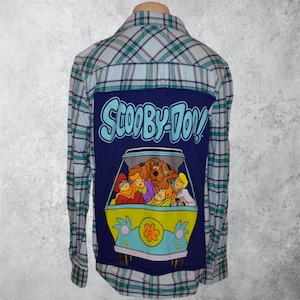 Scooby Doo Mystery Machine Flannel Shirt Women’s Medium Light Blue Cartoon Patch Upcycled Vintage Style