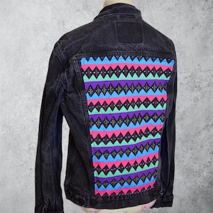 Upcycled Levi's Denim Jacket – Colorful Quilt Patch Back, Sustainable Fashion (Medium)