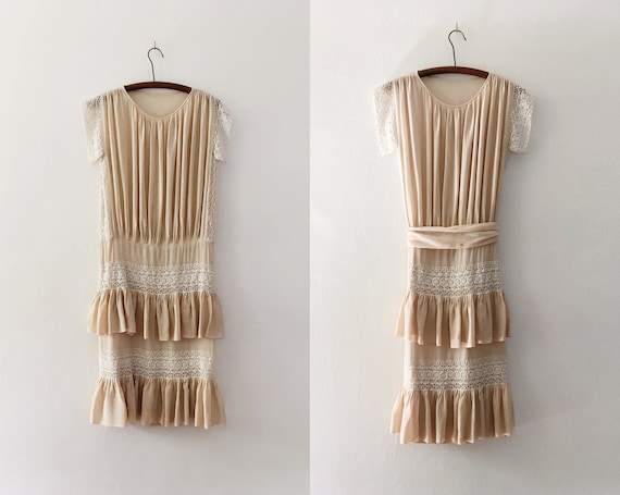 Prairie Mist Beige Silk Dress - XXS or XS - 1920s… - image 1