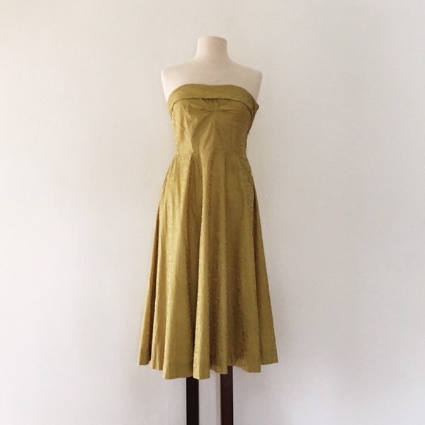 Fine Line Dress - XS - Vintage 50s Chartreuse Yellow Green Striped Woven Swing Dress