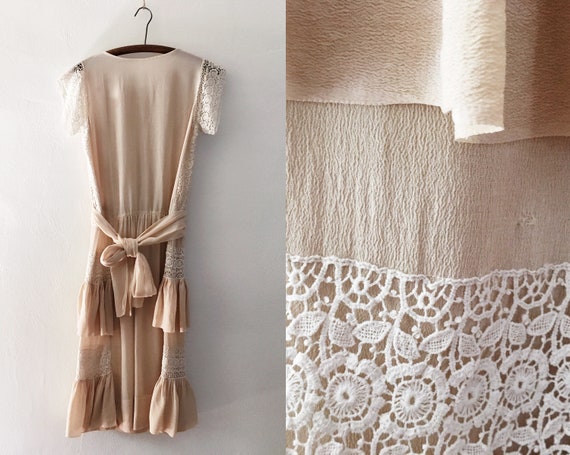 Prairie Mist Beige Silk Dress - XXS or XS - 1920s… - image 3