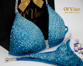 Metallic Spandex Competition Bikini: Sea&Breeze Rhinestone Posing Suit