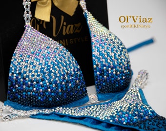 Turquoise Chameleon Spandex Competition Bikini: Rhinestone Posing Suit