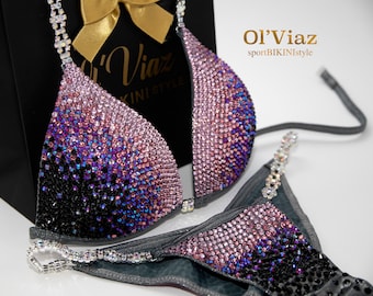 Gray & Rose Crystal Competition Bikini: Metallic Spandex Posing Suit