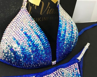 Blue Hologram Crystal Competition Bikini: Metallic Spandex Posing Suit