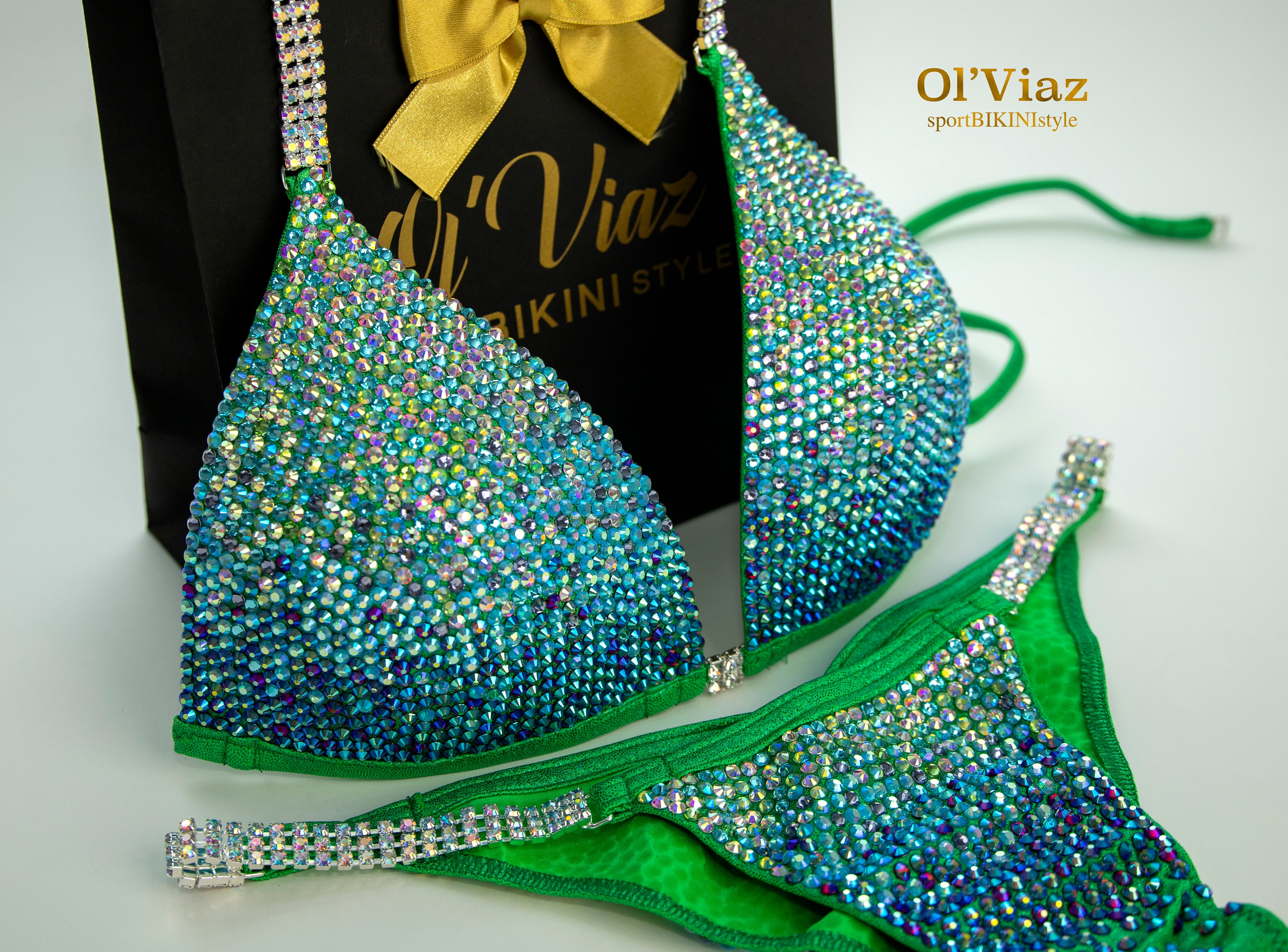 Aquamarine & Green Metallic Spandex Bikini: Rhinestone Competition
