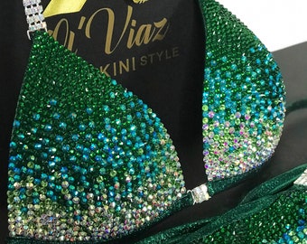 Green Metallic Spandex Bikini: Rhinestone Competition Posing Suit