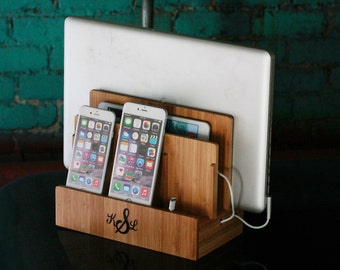 Bamboo Multi Charging Station | Eco-Friendly | Organizes Tech and Cords | Charges Phone, Tablet, Laptop