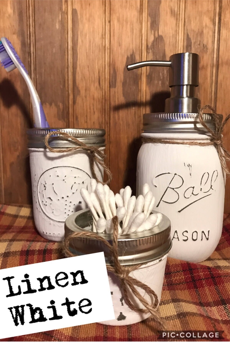 Mason Jar Bathroom Set in Linen White Etsy
