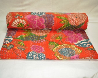 Vintage Kantha Quilt Gudri, Handmade Kantha Ethnic Stitch Decorative Gudri Floral Print King Size Quilt ,Indian Handmade Bohemian Bedspread