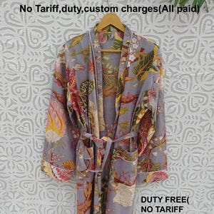 Women's Kimono Robe Cotton Dressing Gown Boho Cotton Bathrobe for Women Lightweight 100% Organic Cotton Hand-printed Long Yukata japanese
