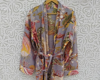 レディース着物ローブ コットン ドレッシングガウン ボヘミアンコットン バスローブ レディース 軽量 100% オーガニックコットン ハンドプリント ロング 浴衣 日本製