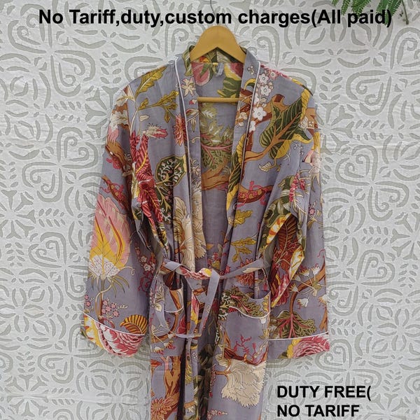 Women's Kimono Robe Cotton Dressing Gown Boho Cotton Bathrobe for Women Lightweight 100% Organic Cotton Hand-printed Long Yukata japanese