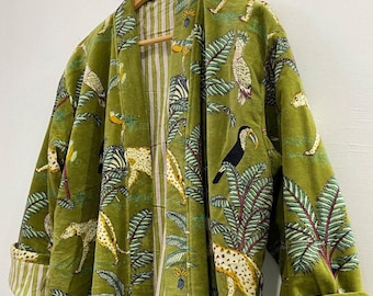 Green jungle safari Women Velvet Kimono Robes Jacket,Morning Tea Velvet Coat,Bridesmaid bridal Robe,Cotton winter robe Jacket,bathrobe,Gifts