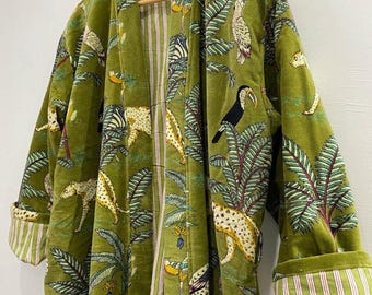 Green Women Velvet Kimono Robes Jacket,Morning Tea Coat,Bridesmaid bridal cotton winter bathrobe,Gift mothers day gown Luxury Spa/beach Robe