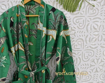 Women&#39;s Kimono Robe Cotton Dressing Gown Boho Cotton Bathrobe for Women Lightweight 100% Organic Cotton Hand-printed Long Yukata japanese