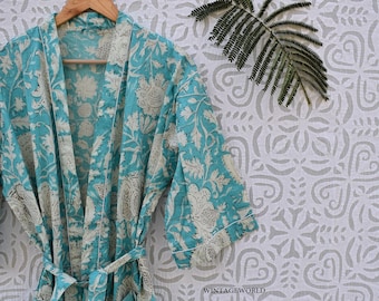 Women&#39;s Kimono Robe Cotton Dressing Gown Boho Cotton Bathrobe for Women Lightweight 100% Organic Cotton Hand-printed Long Yukata japanese