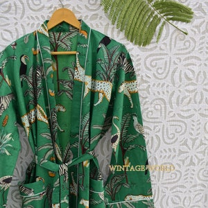 Women's Kimono Robe Cotton Dressing Gown Boho Cotton Bathrobe for Women Lightweight 100% Organic Cotton Hand-printed Long Yukata japanese