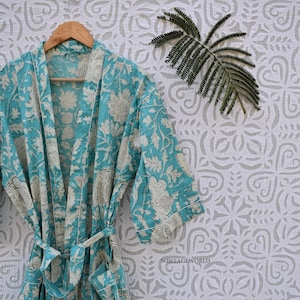 Women's Kimono Robe Cotton Dressing Gown Boho Cotton Bathrobe for Women Lightweight 100% Organic Cotton Hand-printed Long Yukata japanese