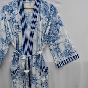 Women's Kimono Robe Cotton Dressing Gown Boho Cotton Bathrobe for Women Lightweight 100% Organic Cotton Hand-printed Long Yukata japanese