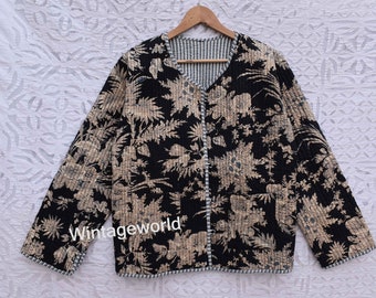 Reversible cotton Quilted Jacket vintage Winter summer unisex women  jacket patchwork embroidery short coat handblock kantha jacket vintage