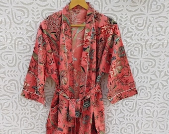 Bata kimono de algodón para mujer, estilo bohemio, ligera, 100% algodón orgánico, estampada a mano, estilo yukata largo japonés.