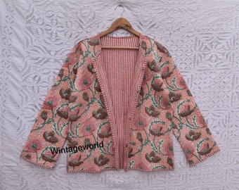 Pink Cotton Reversible women Flower Quilted Jacket vintage Winter summer Fashion,unisex jackets patchwork Bohemian Style embroidery  coat
