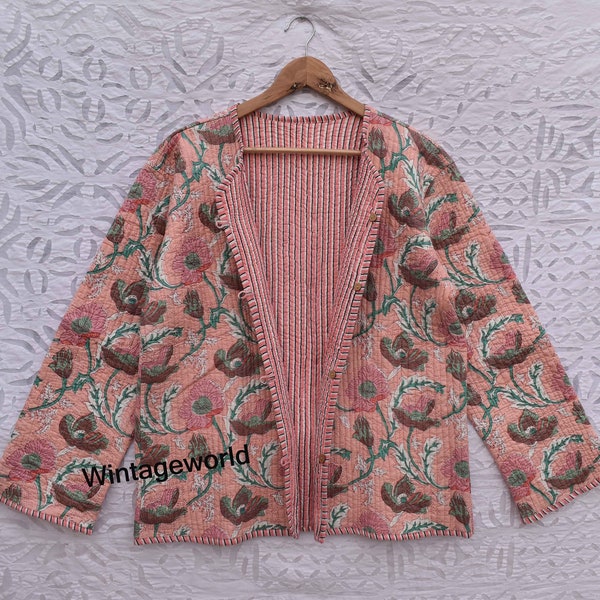 Pink Cotton Reversible women Flower Quilted Jacket vintage Winter summer Fashion,unisex jackets patchwork Bohemian Style embroidery  coat