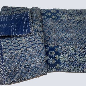 King Size Quilt,Handblock Handmade blockprint kantha quilt,Indigo kantha quilt,blanket,Quilt,Queen size quilt,patchwork blanket quilt throw