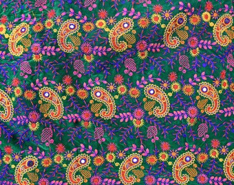 Green Velvet embroidered fabric for crafting, hand spun fabric for dress designing,Velvet fabric,applique,Designing fabric 1 yard in size