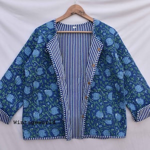 Giacca trapuntata a fiori reversibile blu da donna, vintage, invernale ed estivo, moda unisex, giacche patchwork, stile boho, cappotto corto ricamato