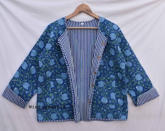 Blue Reversible women Flower Quilted Jacket vintage Winter summer Fashion,unisex jackets patchwork Bohemian Style embroidery short coat
