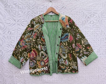 Cotton Quilted Jacket Women Wear Front Open Kimono Stripe piping HandMade Vintage Quilted Jacket , Coats , New Style, Boho double side wear