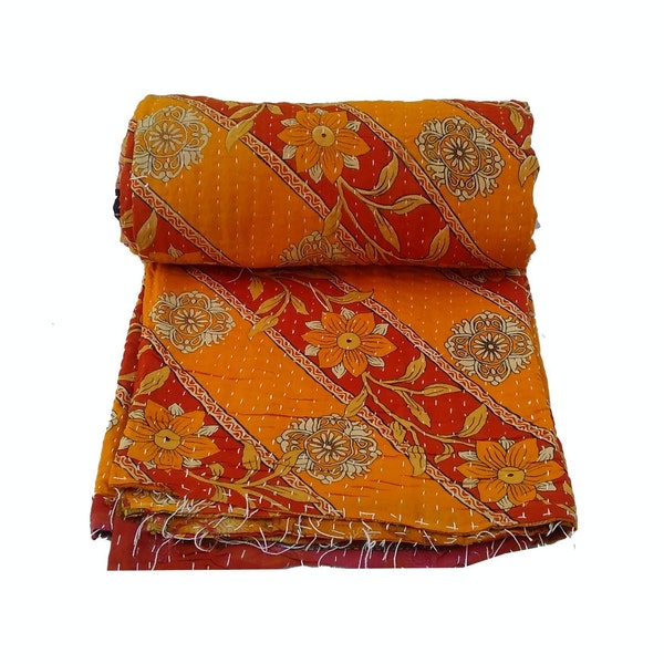 Vintage Cotton Kantha Quilt Handmade Gudari Indian Bedding Throw Kantha Bedsheet Reversible Ralli Recycled  Cotton Floral Kantha Blanket 23