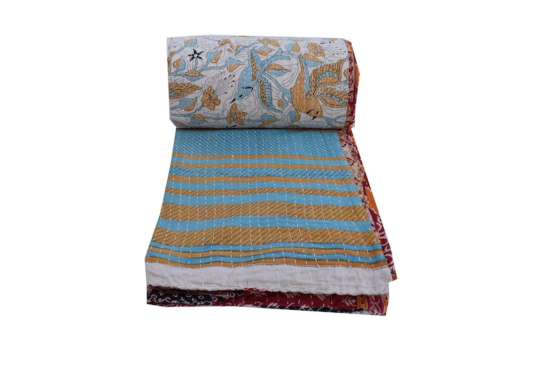 Turquoise Color Block Print Kantha Bed Cover Throw Decorative Bedspread Reversible Cotton Bed sheet Vintage Gudri Indian Handmade Kantha Quilt Turquoise Color Block Print Kantha Bed Cover Throw Decorative Bedspread Reversible Cotton Bed sheet Vintage Gudri Indian Handmade Kantha Quilt