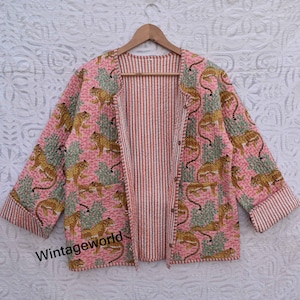 Veste matelassée en coton réversible à imprimé tigre, vestes unisexes vintage hiver été, broderies style bohème, manteau court