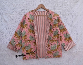 Tiger print Cotton Reversible Flower Quilted Jacket vintage Winter summer unisex jackets patchwork Bohemian Style embroidery short coat