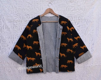 Tiger print Cotton Reversible Flower Quilted Jacket vintage Winter summer unisex jackets patchwork Bohemian Style embroidery short coat