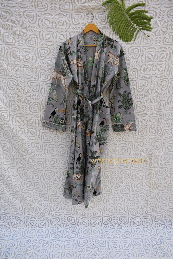 Women's Kimono Robe Cotton Dressing Gown Boho Cotton Bathrobe for Women Lightweight 100% Organic Cotton Hand-printed Long Yukata Japanese