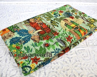 Floral Frida Green Kantha Quilt Handmade Kantha Ethnic Stitch Decorative Blanket Bedcover King Queen Size Quilt Indian Boho Bedspread throw