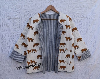 Tiger print Cotton Reversible Flower Quilted Jacket vintage Winter summer unisex jackets patchwork Bohemian Style embroidery short coat